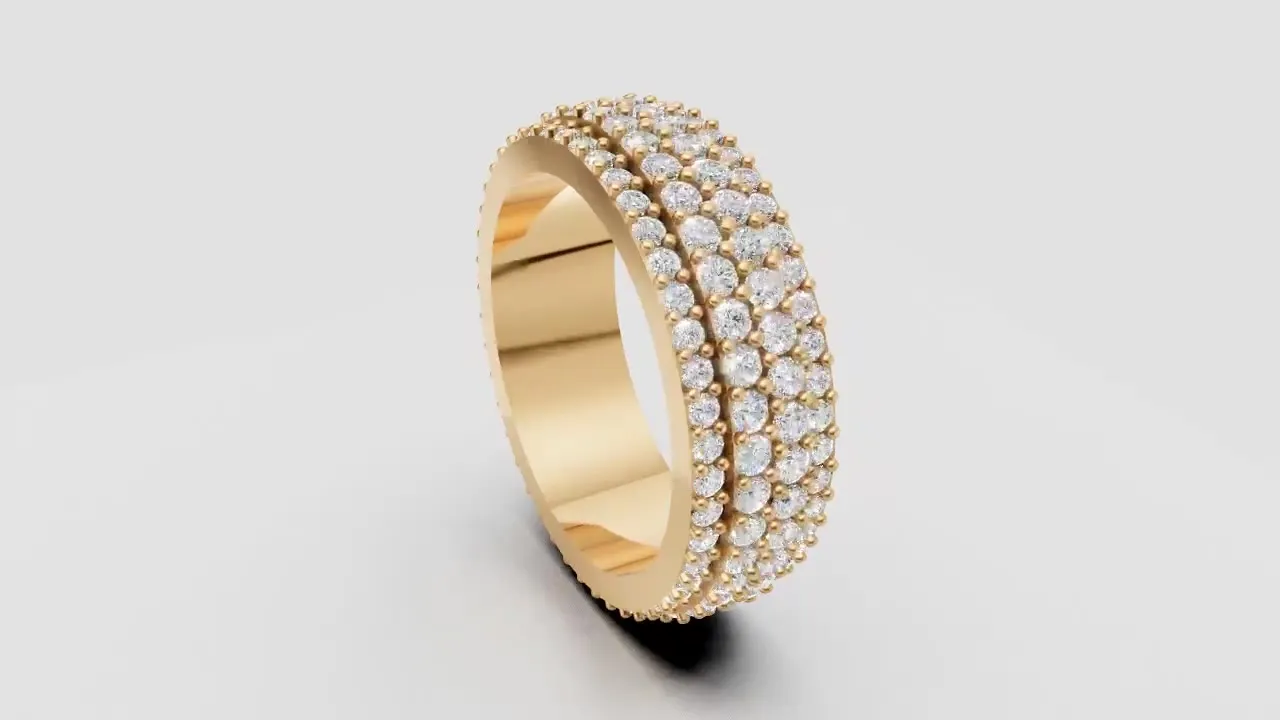 3D render of a three-row eternity band in yellow gold